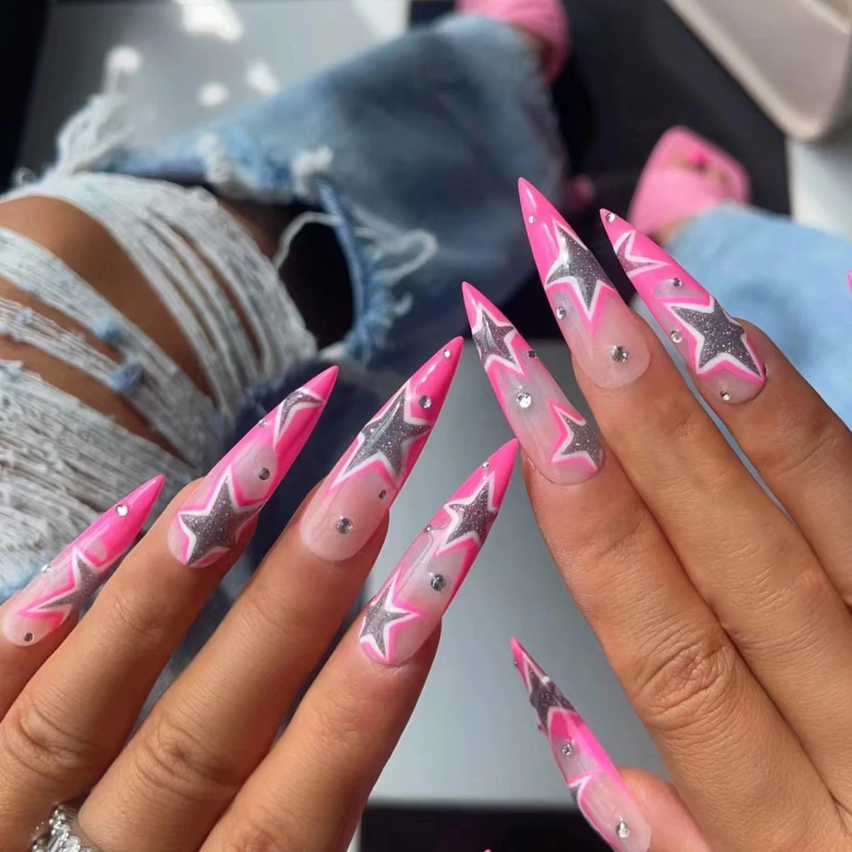 Women Girls Summer Nails Starry Sparkling Powder Long Stiletto Pink pentagonal Printing Full Coverage Wearable Fake Nail Set