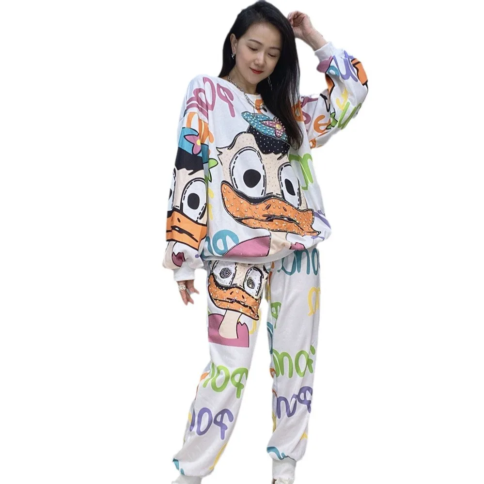 Cartoon Duck Diamond Printing Long-sleeved Hoodies Women\' Two-piece Sets 2024 Spring Autumn High-end Casual Pants Set Female