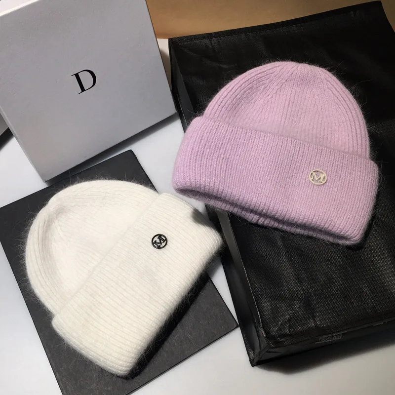 Fashion Simple Letter M Wool Skullies Beanies Real Rabbit Fur Knitted Hat Women Winter Warm Hats Female Outdoor Skull Beanie Hat