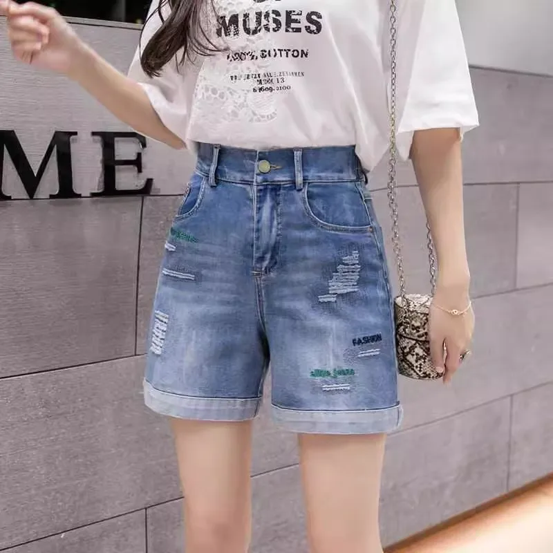 

Женские летние джинсовые шорты с высокой талией, прямые, свободного кроя, тонкие, широкие, повседневные, модные, больших размеров, с отворотами