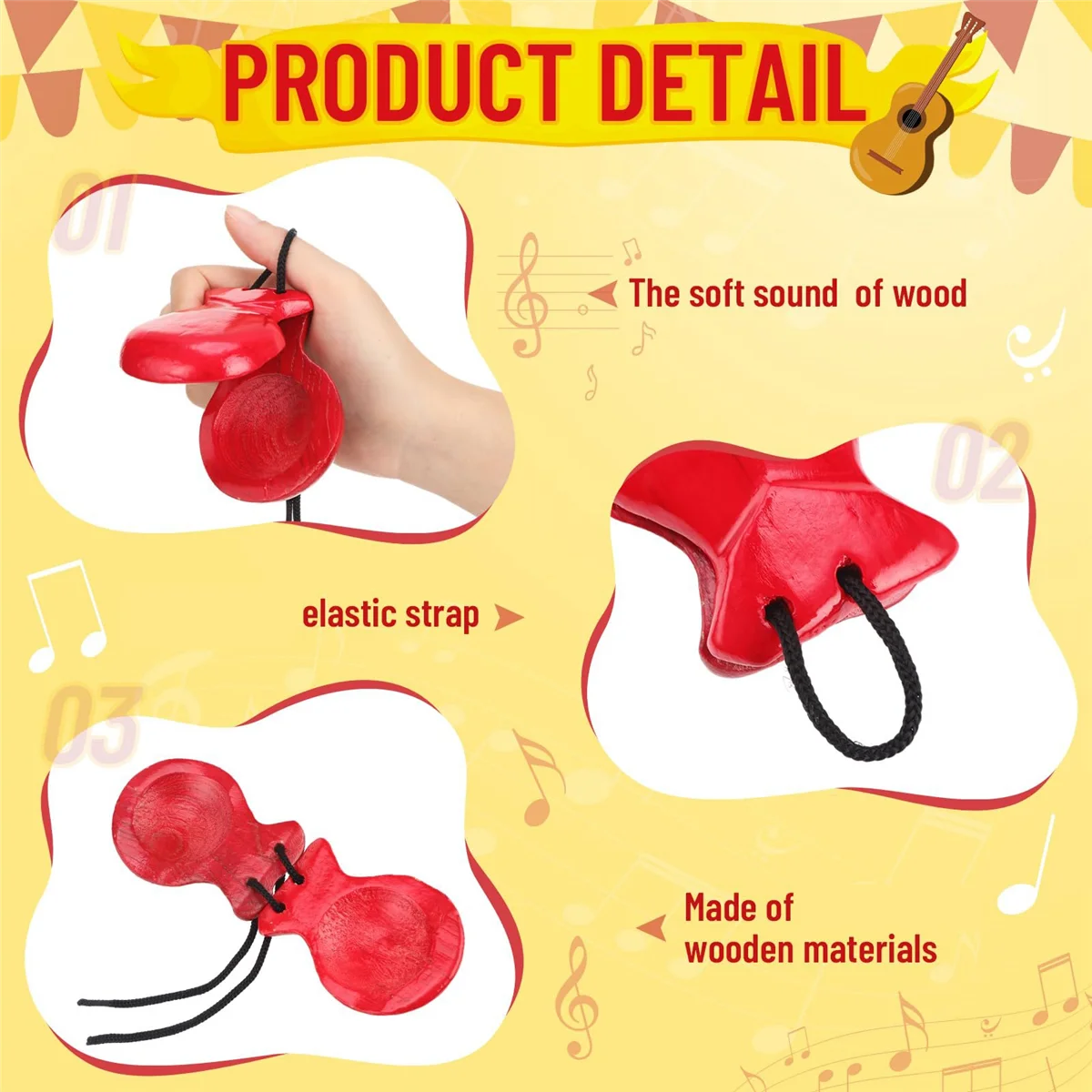 1 Pair Spanish Castanets Flamenco Castanets with String Traditional Wood Hand Percussion Castanets(Red)