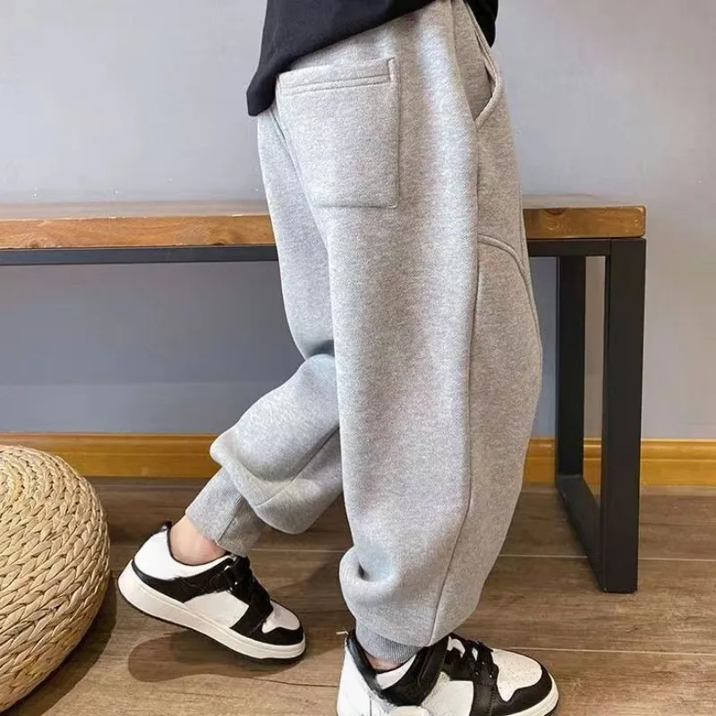 Autumn Kids Boys Solid Sweatpants Ankle Length Harem Pants 3+y Young Children Clothing Winter Girls Fleece Warm Sport Trousers