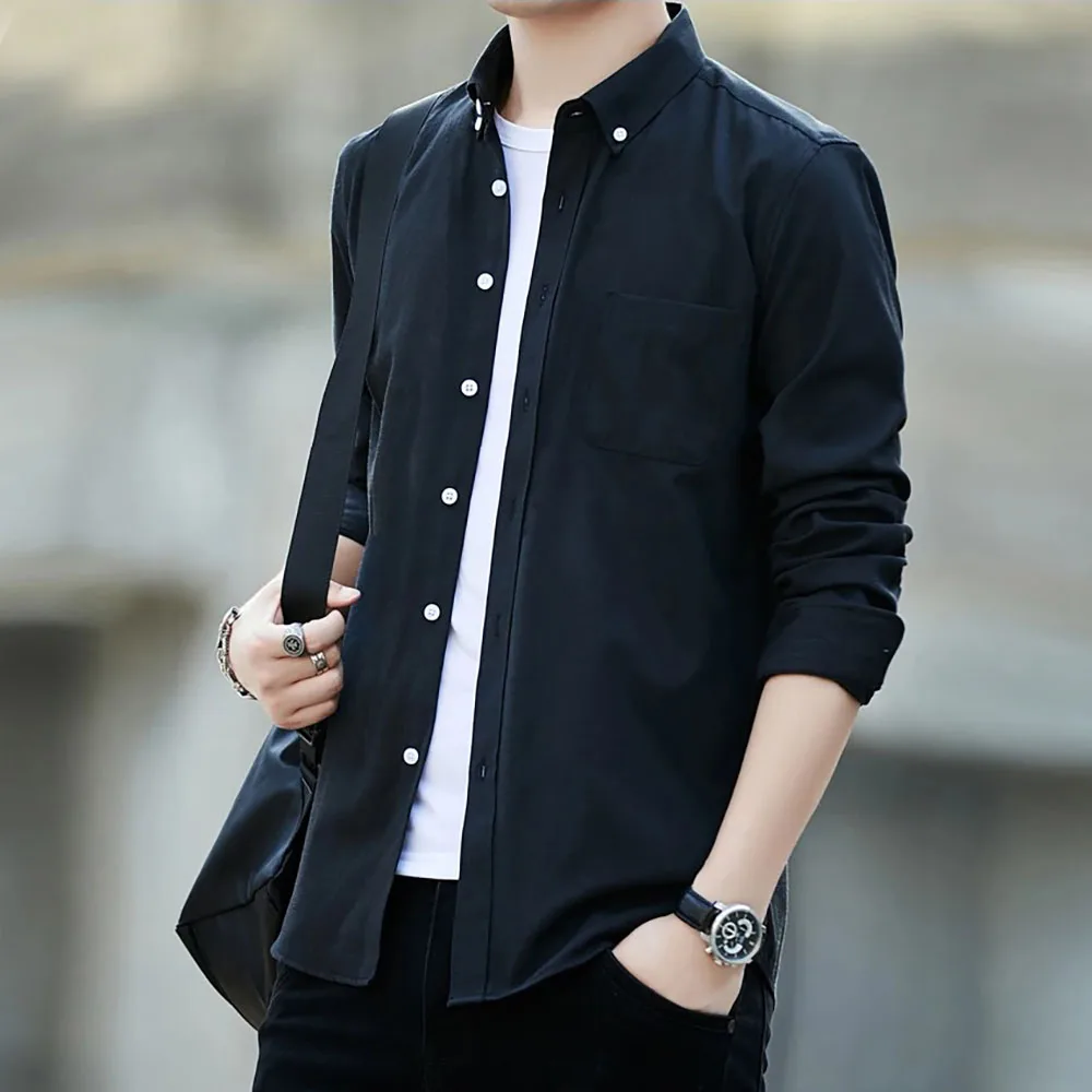 Autumn New Long Sleeve Solid Shirts for Men Casual Turn-down Collar Blouse Fashion Casual Business Slim Fit Shirts Button Tops