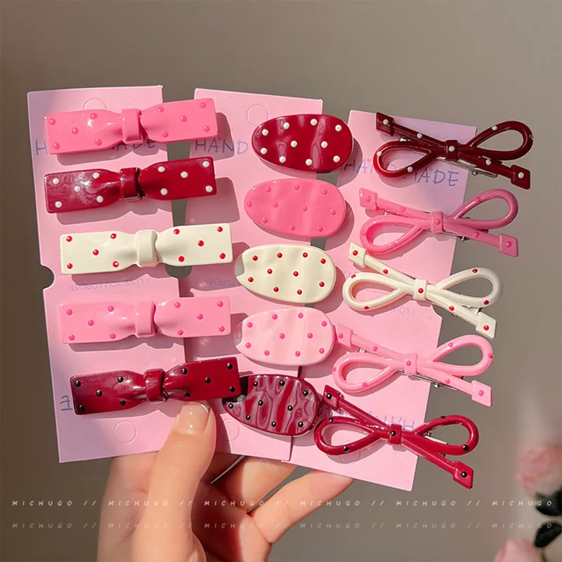 Sweet Polka Dot Bow Oval Hair Clip for Girls,Forehead Side Bangs Duckbill Clip for Broken Hair,Cute Bow Hairpin HeadwearBarrette