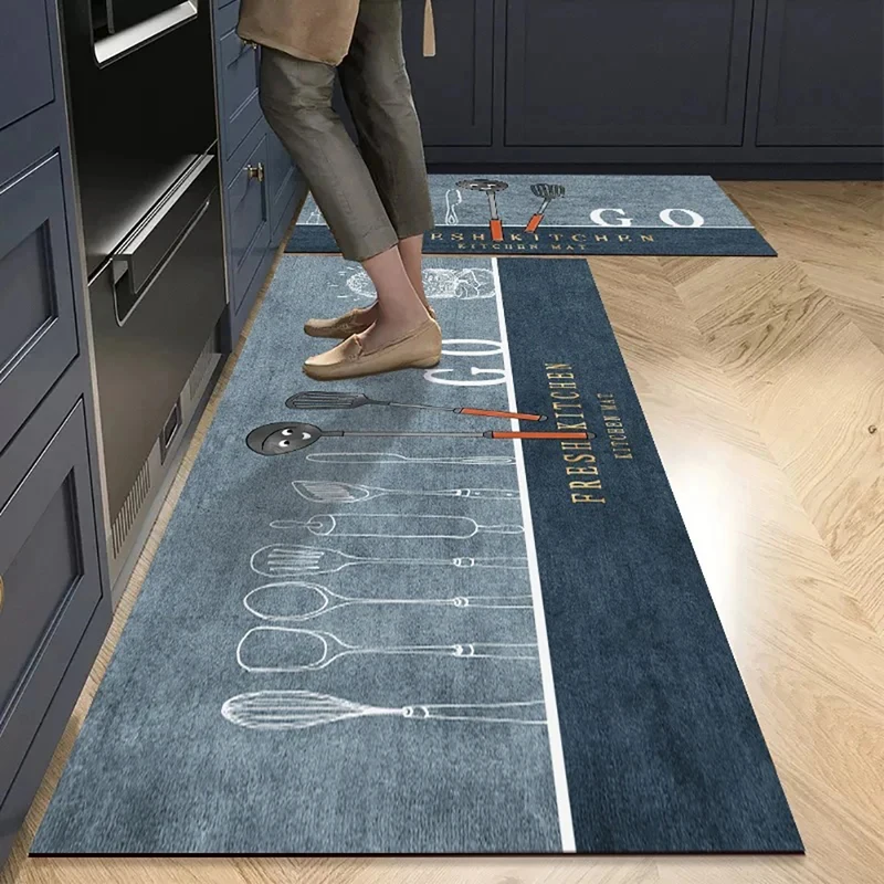 VIKAMA Modern Kitchen Floor Mats Set of 2 Non-Slip Absorbent Stain Resistant Oil Proof Washable Runner Rugs with Utensil Print