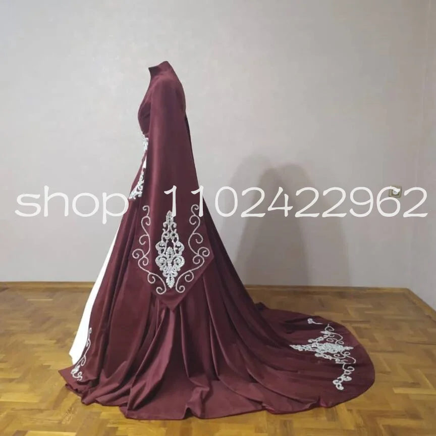 Burgundy Velvet Adyghe Festive Wedding Dresses with Cape Long Sleeve Embroidery Pearls Circassian National Bridal Gown Outfit