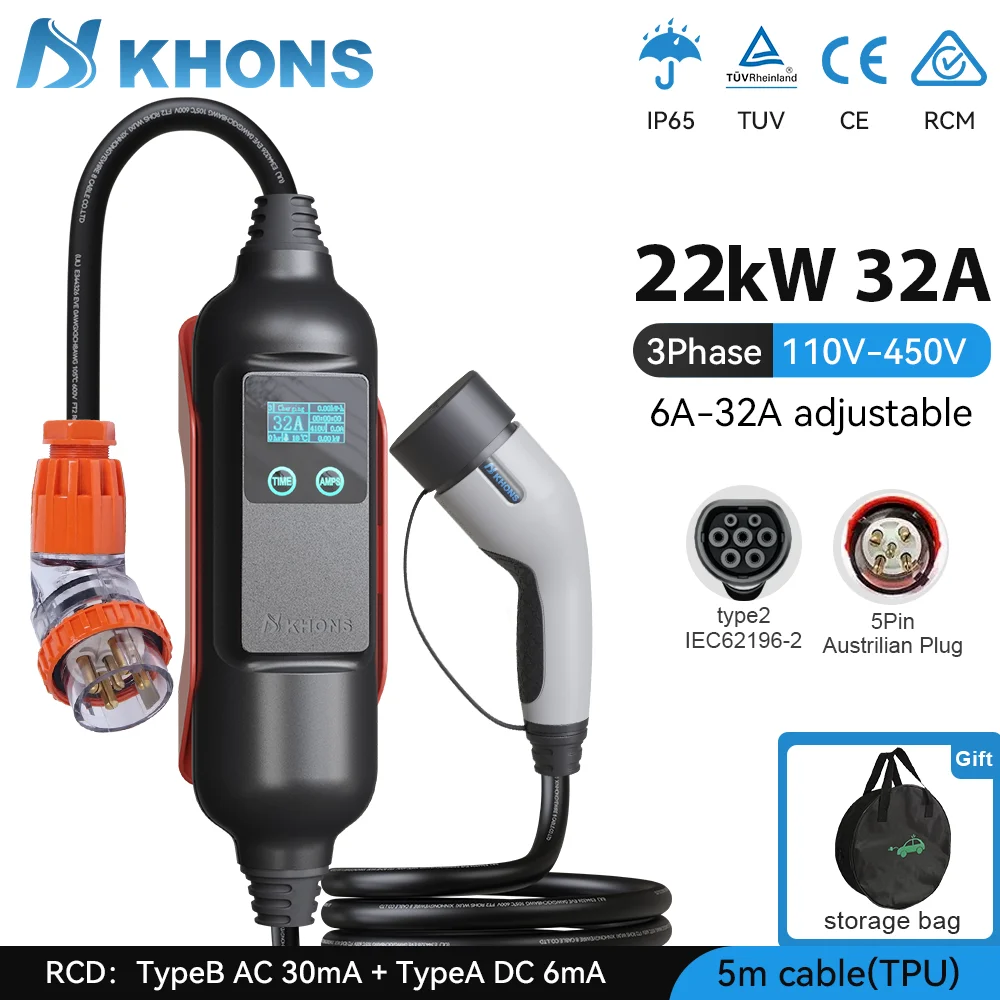 Khons Type2 EV Charger 22kw 32A caricabatterie EV portatile trifase EVSE Wallbox con spina industriale australiana per auto BYD Tesla