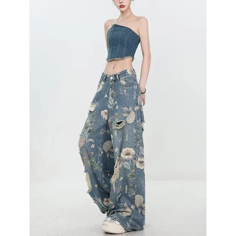

American new street print ripped jeans women's trendy brand loose and versatile design mopping wide-leg pants
