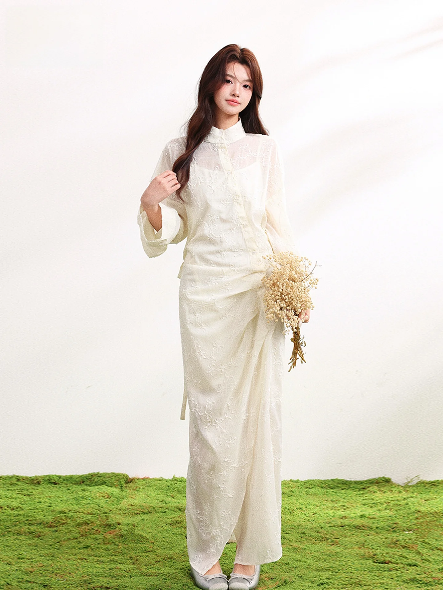 

Новое женское летнее платье в китайском стиле с вышивкой и кружевом, с воротником-стойкой, на пуговицах, с завышенной талией, длинное, в виде платья-рубашки