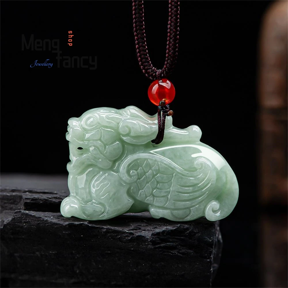 

Natural Myanmar A-goods Jadeite Light Green Fortune Flying Unicorn Jade Pendant Exquisite Fashion Jewelry Best Selling Mascots