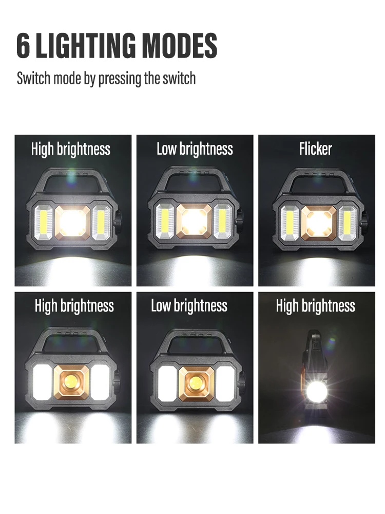 Lanternas Recarregáveis LED De Alta Potência, Luz De Trabalho De Acampamento, Multi Funcional, Luz Portátil, Carregamento Solar, 6 Modos De Iluminação