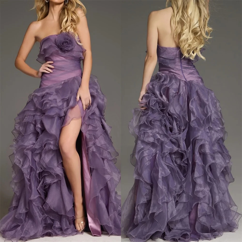 

Customized Fashion Sexy Organza Pleat Ruched Handmade Flower A-line Strapless Long Dresses Bespoke Occasion Dresses Retro