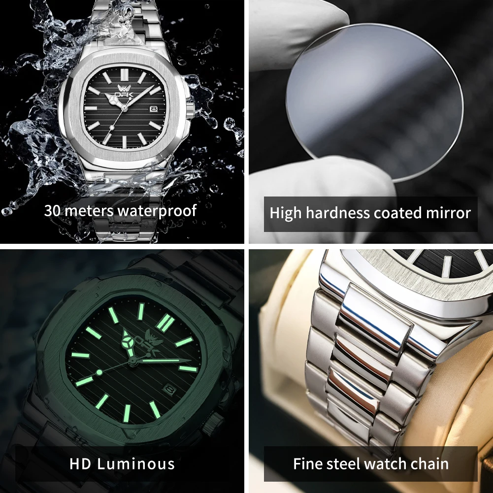 Opk 6055 novo relógio masculino quadrado à prova dwaterproof água luz noturna data semana relógio masculino de quartzo aço inoxidável marca luxo reloj + caixa