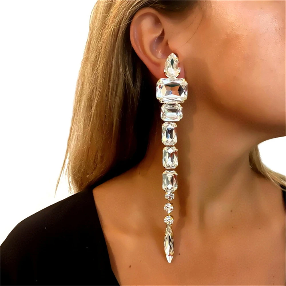 Exaggerated Sparkling Large Crystal Tassel Earrings Jewelry Fashion Banquet Party Rhinestone Wear Jewelry Accessories
