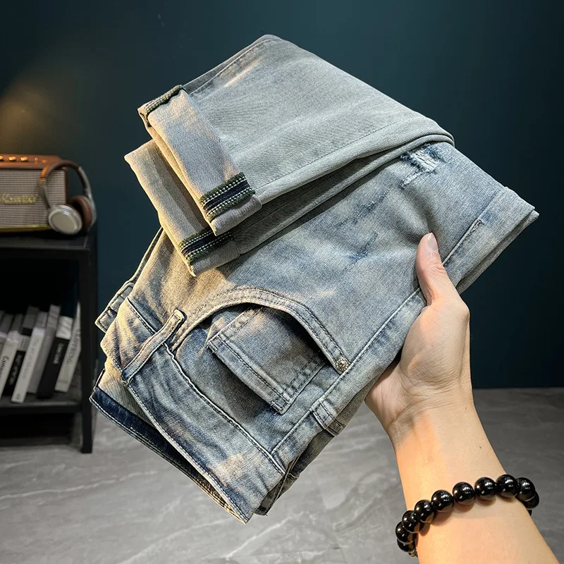 Ripped jeans for men2024summer thin patch printing design slim elastic casual high-end trend skinny pants