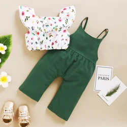 1-5Years Kids Girl School Clothes Set Lotus Leaf Short Top+Suspender Pant 2PCS Outfit Fashion Summer Clothing for Toddler Girl