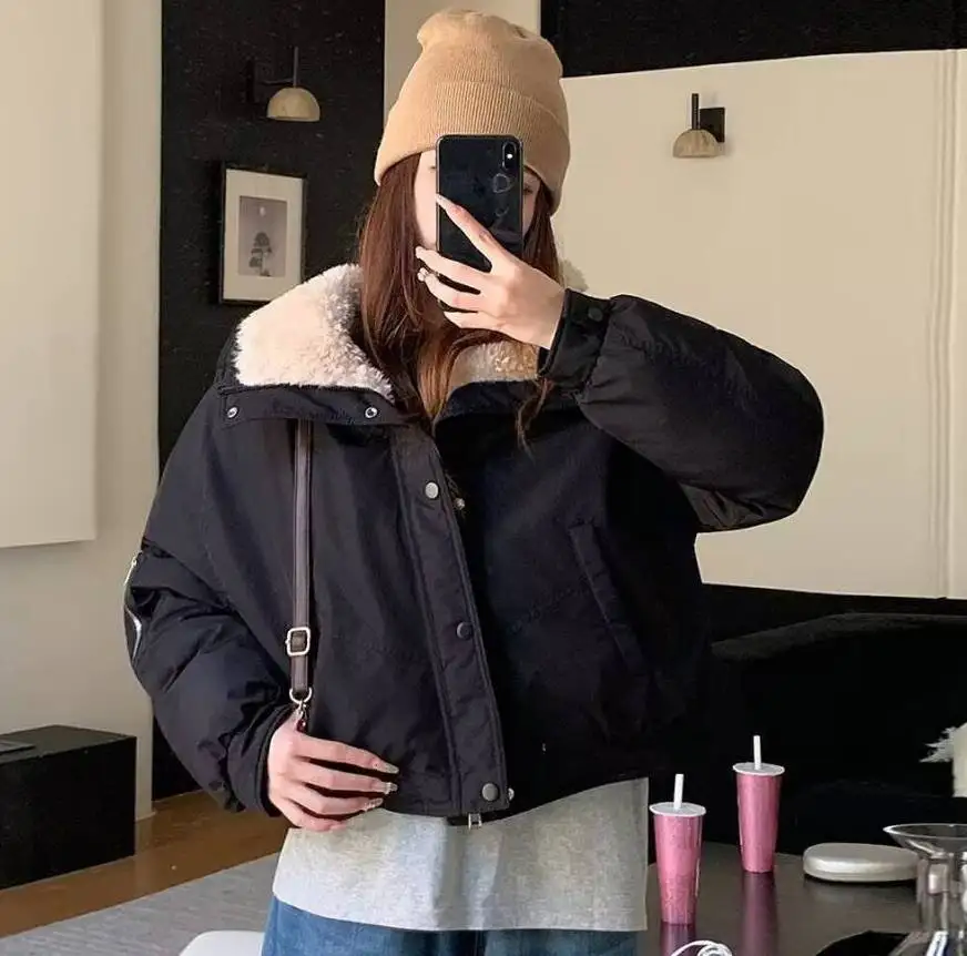 

Parkas Womens Crop Fall Polyamide Splicing High-Low Snap-Button Buttonless Flap Pocket Ribbed Crewneck Modern Minimalist Commute