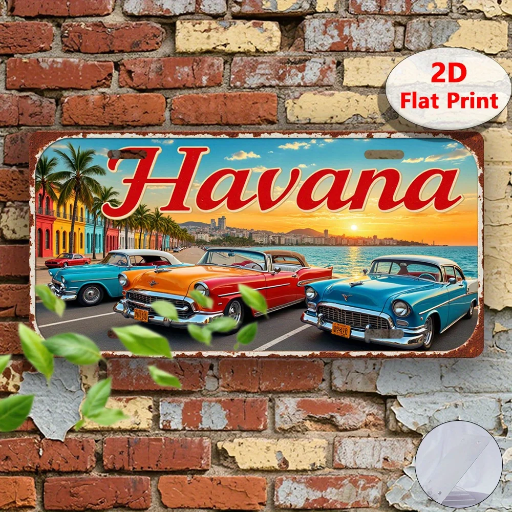 2D Flat, 1pc Vintage Aluminum Wall Art Retro Havana, Cuba Travel with Classic Cars & Sunset Beach Scene, Rustic Metal Plaque
