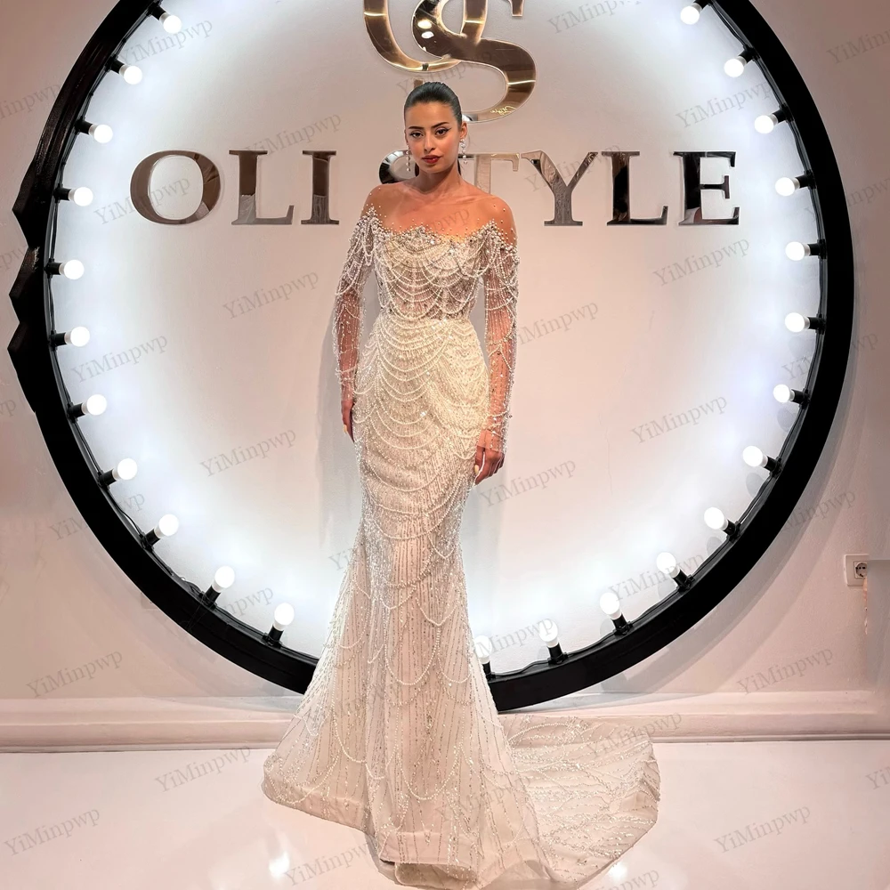 

Mermaid Wedding Dresses Luxury 2025 With Detachable Train Full Sleeve Crystals Beading Bride Gowns O-Neck Corset Customized