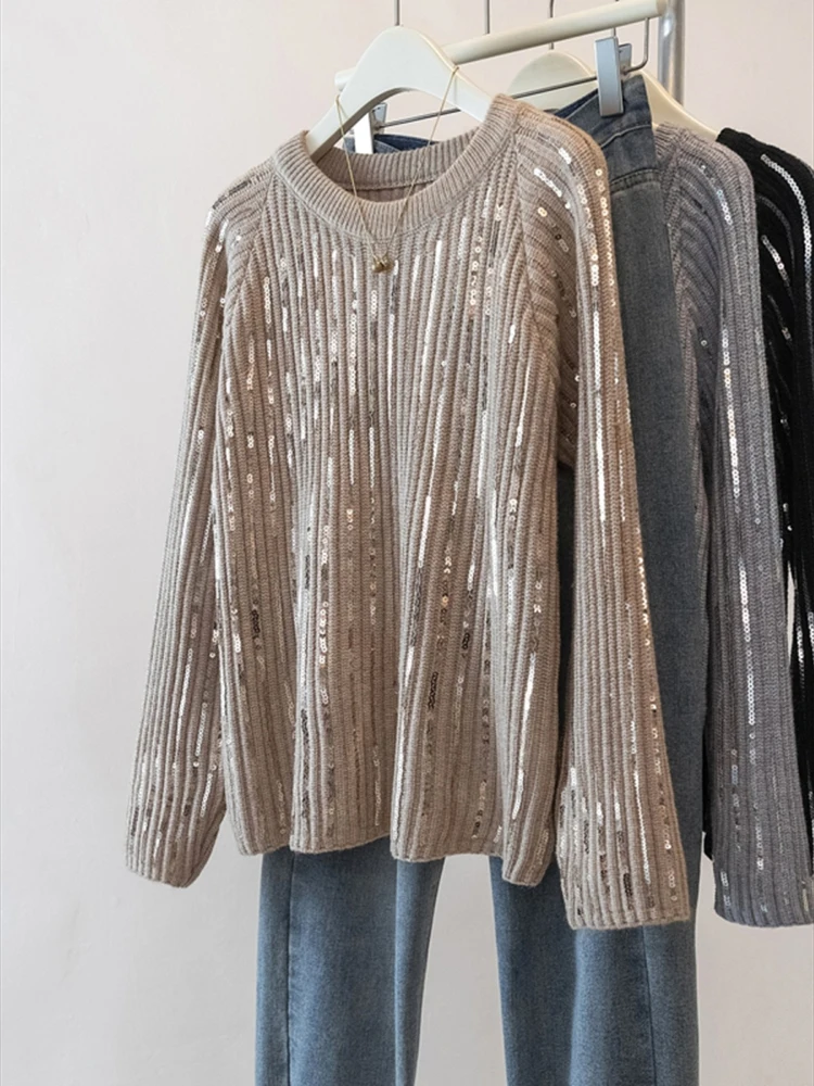 

Fashion sequined knitted sweater women's clothing 2025 new item front shoulder slim long sleeved round neck pullover top
