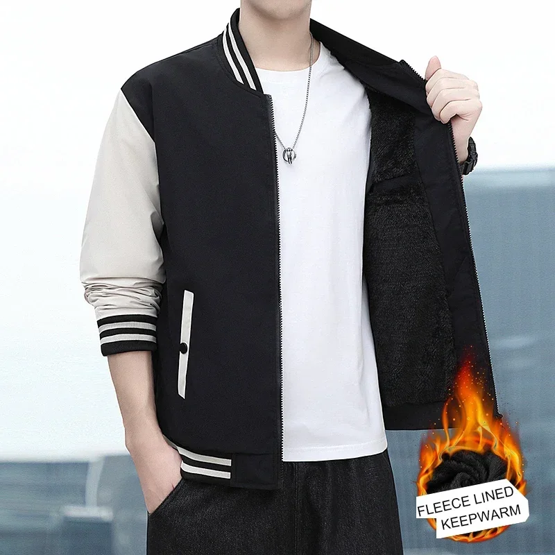 Autumn Winter Coats Men Jacket Fleece Lined Stand Collar Patchwork Baseball Jacket Men Casual Outwear Clothes Men