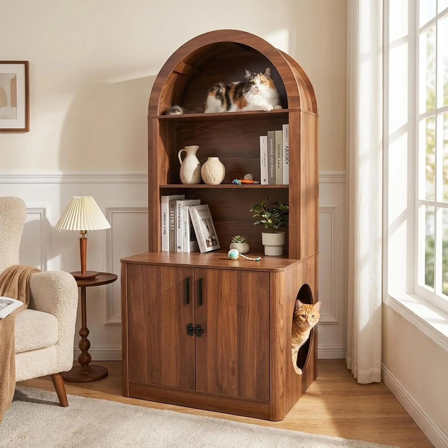 Hidden Litter Box Cabinet, Cat Litter Box Enclosure, Arched Cat Furniture