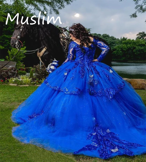 Royal Blue Butterfly Quinceanera Dresses 2023 Sequin Ball Gown Fifteen  Birthday Party Gowns Long Sleeve V Neck Sparkle Prom Para - AliExpress