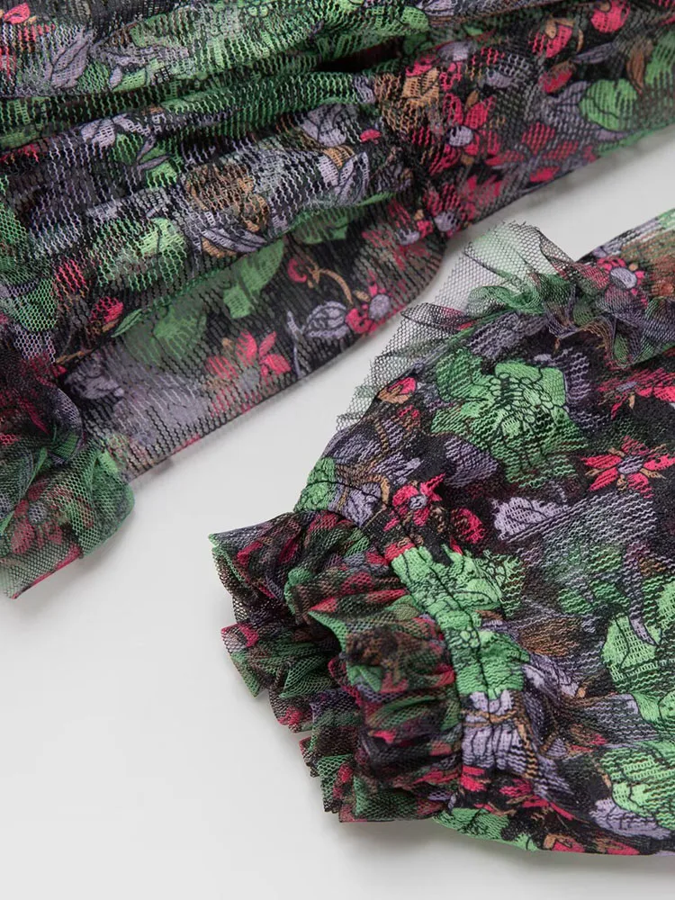 DSXDFACAIRIJ ผู้หญิงวินเทจ O-คอชุดโคมไฟแขนเสื้อ Ruffles ดอกไม้พิมพ์ตาข่ายยาวชุดพรรคฤดูใบไม้ผลิแฟชั่นสําหรับหญิง