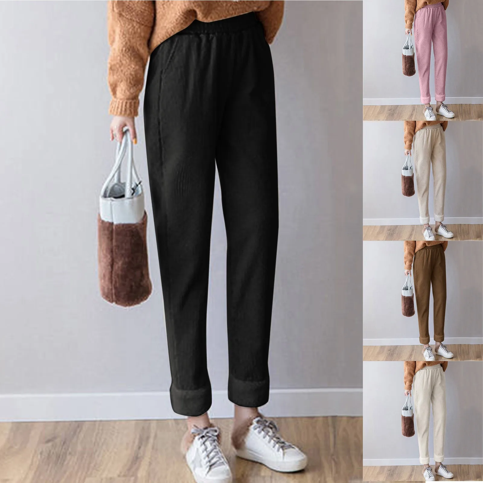 Women Autumn Winter Korean Fashion Solid Color High Waist Appear Thin Fleece Harem Ladies Office Lady All-match Casual Pants