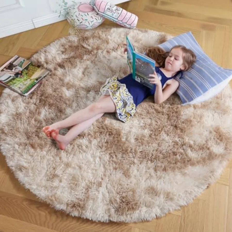 TieDyed Beige Tan Round Area Rug 4Ft for Bedroom Fluffy Plush Shag Furry Circle Rugs for Room Living Room Decor Aesthetic Cute