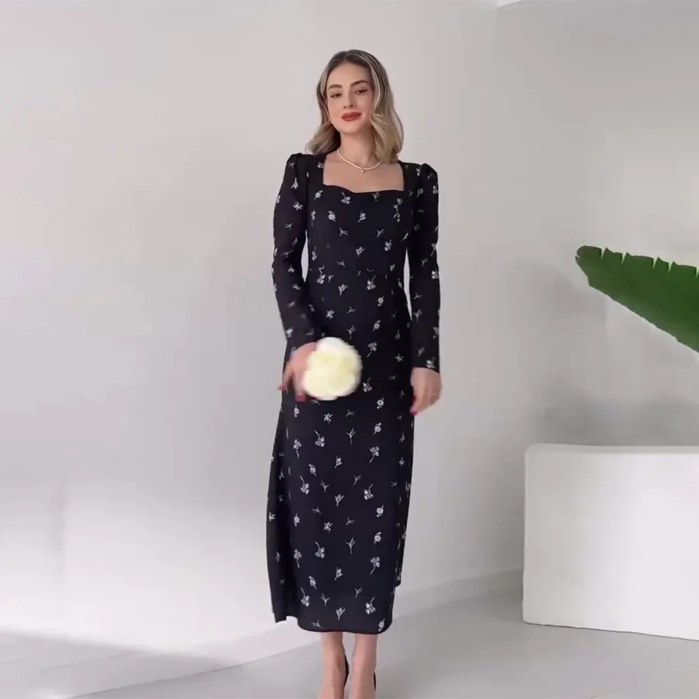 Abiti da donna con stampa slim moda donna elegante colletto quadrato manica lunga abito alla caviglia abito casual a vita alta femminile