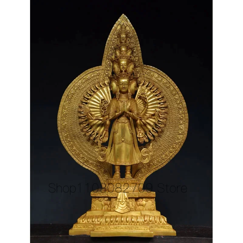 

26"Tibet Temple Collection Old Bronze Gilded Cinnabar 1000 arm Guanyin Buddha Backlight Buddha Platform Worship Hall Town house