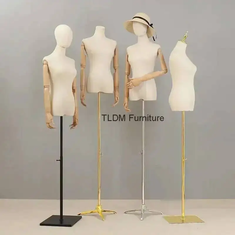

Half Female Wooden Cloth Head Cover Arm Mannequins Metal Base Wedding Clothing Display Stand Adjustable Clothing Store Mannequin