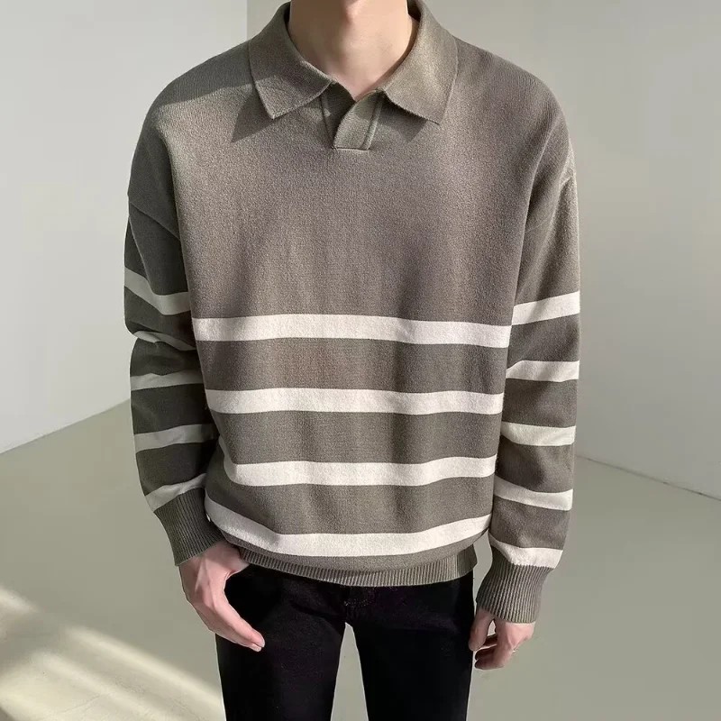 Lapel Long Sleeve Sweater Mens Autumn Winter Korean Style Loose Retro Casual Half Zipper Striped Knitted Top Coat
