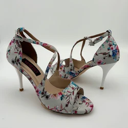 Sexy Zomerbloemen Argentina Tango Dansschoenen Comfortabele Feestschoenen Trouwschoenen Lederen Buitenzool T6292wf 7.5Cm 9Cm Hak