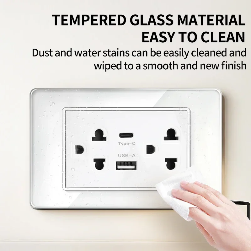 T&I 118*75mm Tempered Glass US Wall Socket White Thai USB Socket Plug with Dual USB Type-C Ports,Light Switch 110V - Image 3