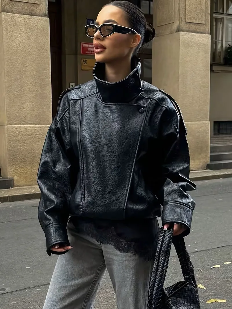 Women's Jacket 2026 Autunm Winter New Black Long Sleeve Pebble Faux Leather Jacket Motorcycle Style Personality Fashion