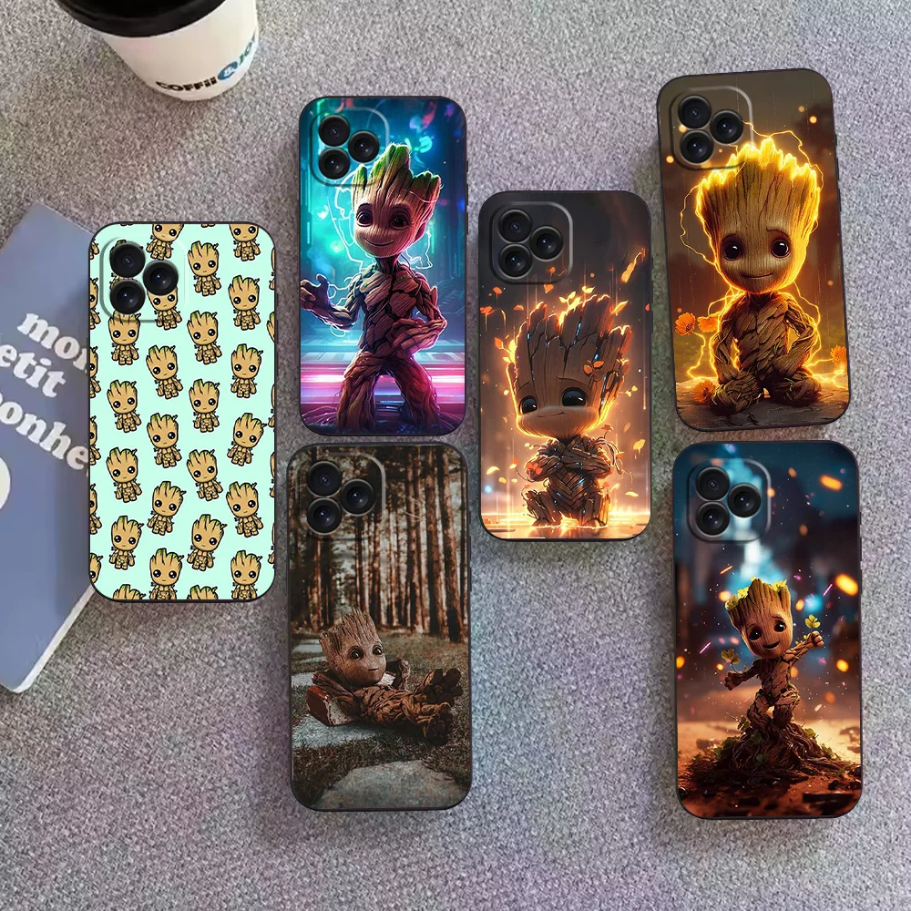 MINISO Marvel Groot Rocket Phone Case for iPhone 12 11 13 14 15 16 Max Pro Plus Black Soft Silicone Cover