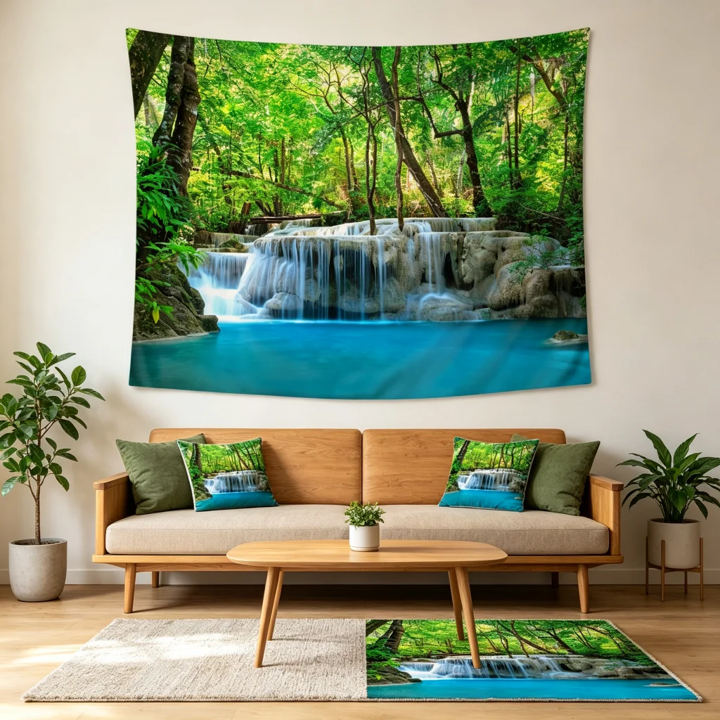 1PC Green Forest Waterfall View Print Backdrop Banner, Bedroom Living Room Photo Background, Polyester, Home Decor, Wall Art