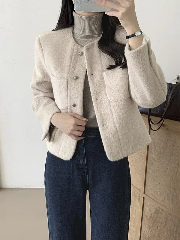 سترة كورية Sle Ele مستديرة Ne ort من الصوف Jaet بزر واحد مفتوح سترة أنيقة للنساء معطف شتوي أنيق #3