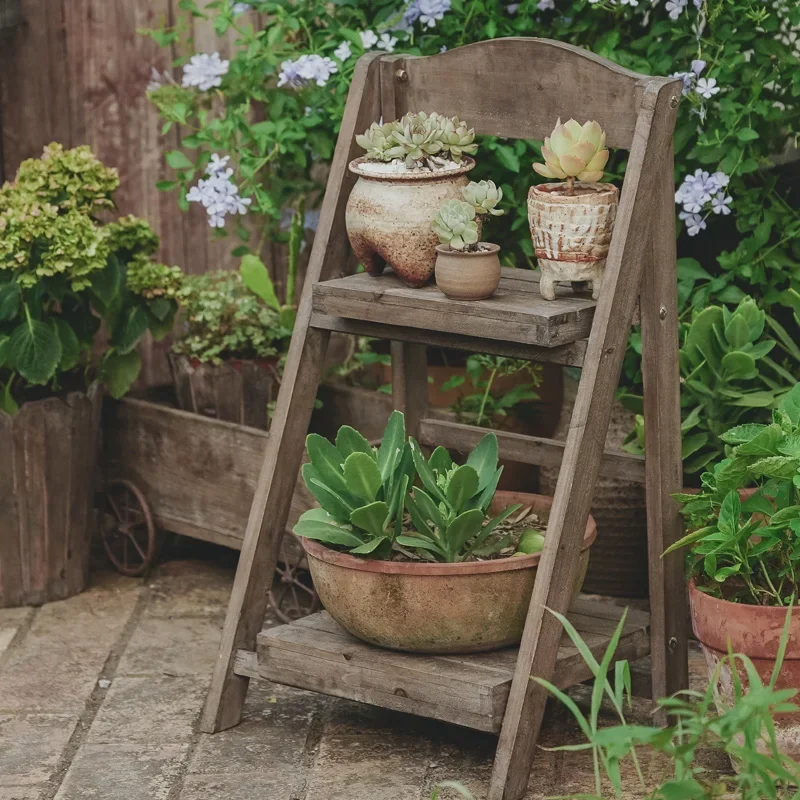 Vintage Do Old Storage Rack Double-Layers Trapezoidal Plant Stand Flower Display Shelf Freestanding Balcony Sundries Wooden Rack