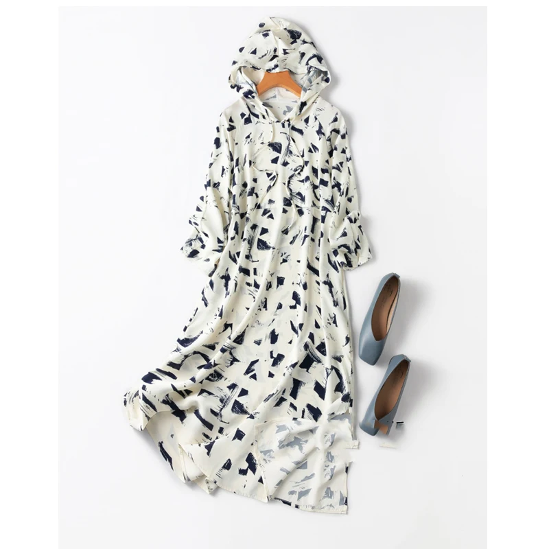 BirdTree, 24MM 93%Real Silk Hooded Dresses, Women Loose Waisted Geometry Printed, Elegant Commute Dresses, 2024 Summer, D43410QC