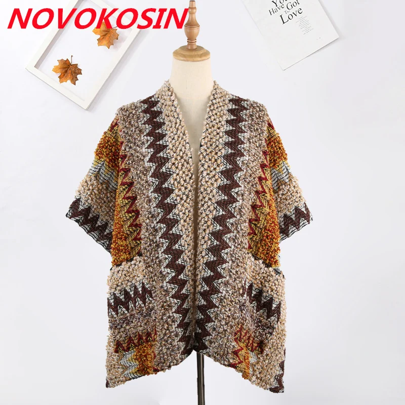 

Women Cardigan Knitwear Multicolor Stripe Capes Loose Thick Poncho Autumn Knitted Sweater Outstreet Shawl With Pocket