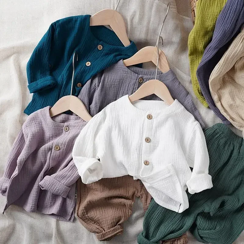 Artistic Style Baby Cotton Linen Long Sleeved Jacket for Boys and Girls Thin Buttoned Solid Color Cardigan