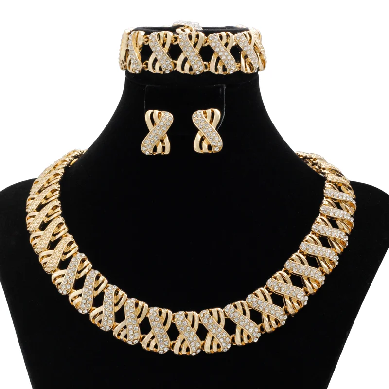 Nigerian Wedding Jewelry Set Gold Plated Dubai African Chokers Necklace Earrings Rings Fashion Bridal Jewellery Sets For Women