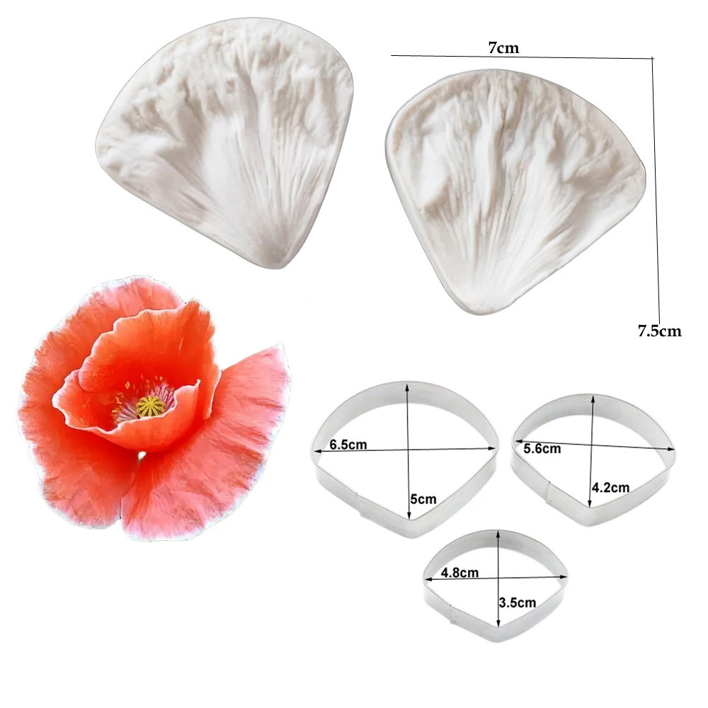 5pcs Poppy Silicone Veiner&Cutter Leaf Flower Petal Cake Decoration Silicone Press Mold Fondant Cupcake Chocolate Baking Tool