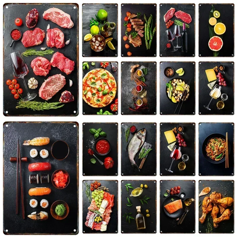 Steak Fruit Sushi Vegetable Spices Pizza Tin Painting Metal Signage Food Posters Kitchen Restaurant Art Decor Painting Aesthetic