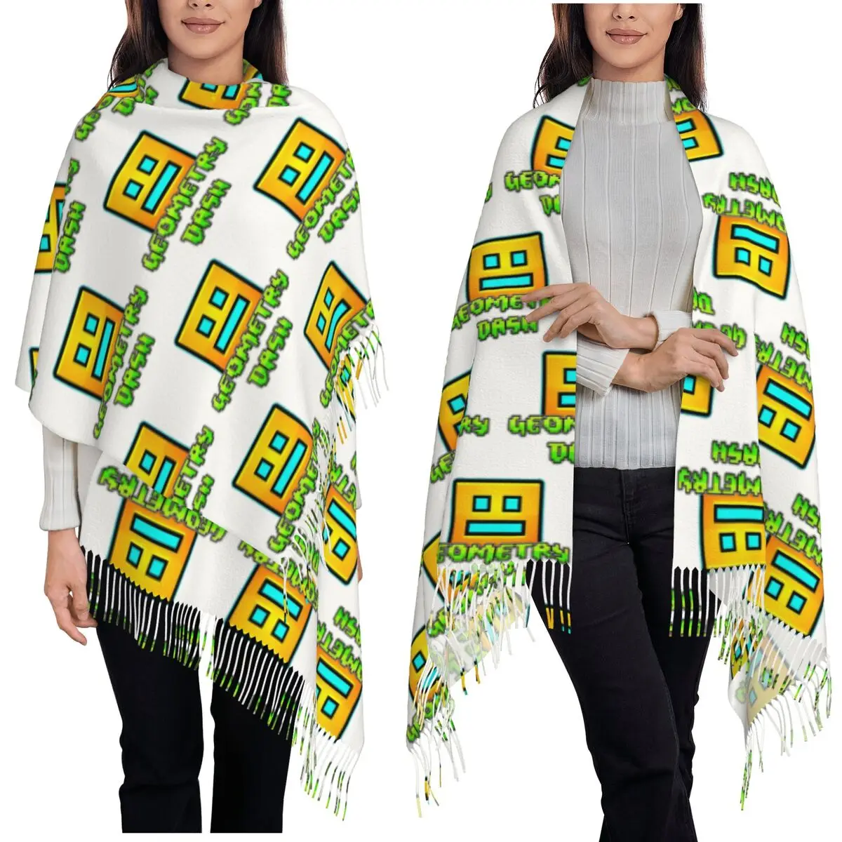 Video Game Geometry Dash Scarf Tassel Scarves Women Soft Warm Shawls and Wraps Long Fall Winter Shawl Wrap