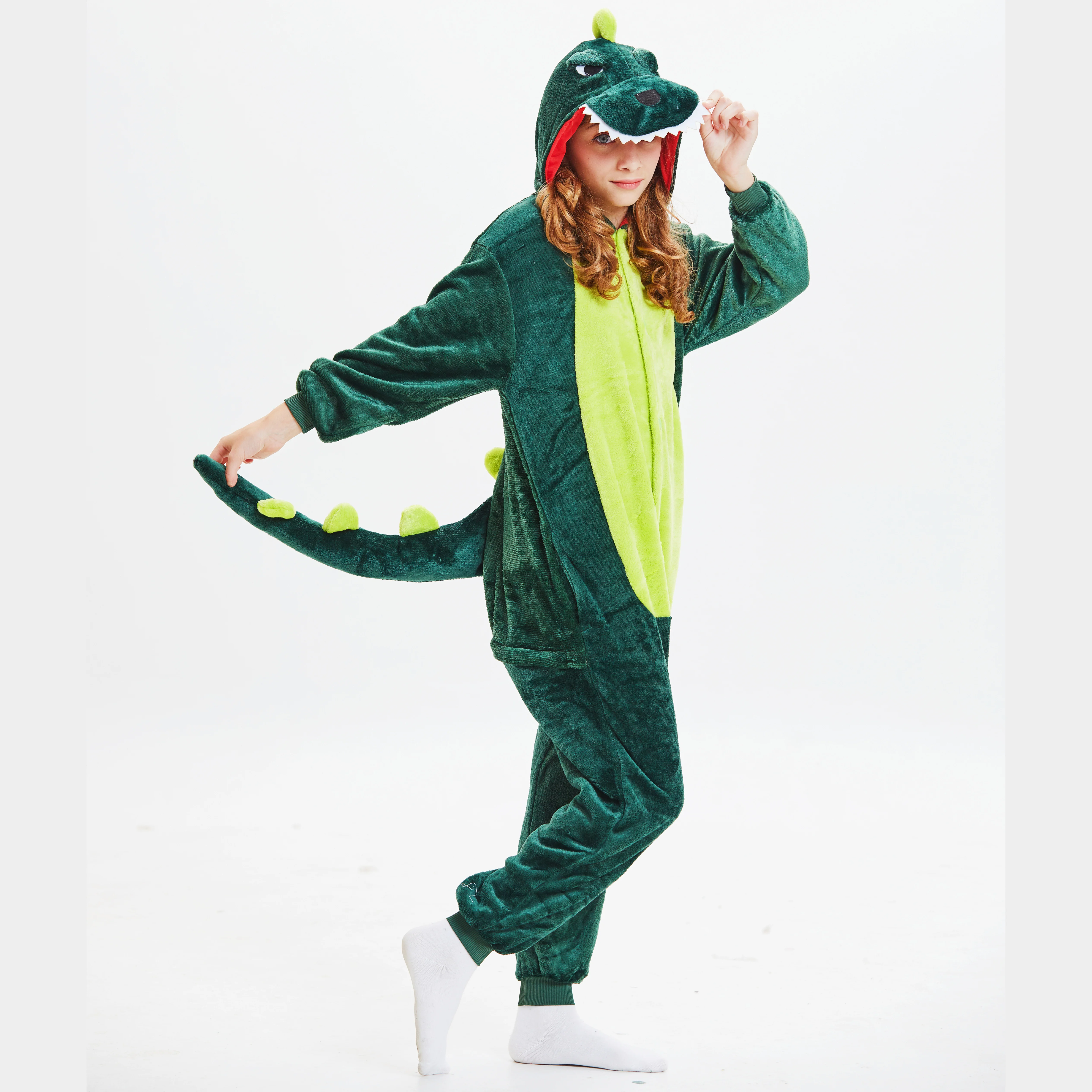 Kids Winter Green Dinosaur Flannel Pajamas Children Sleepwear Kigurumi Onesies For Boys Girls Blanket Sleepers Halloween Costume