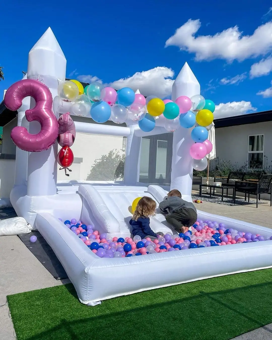 Casa de rebote inflable 3 en 1, piscina de bolas grande, Pit y Tobogán, castillos hinchables comerciales para niños pequeños, fiesta de cumpleaños